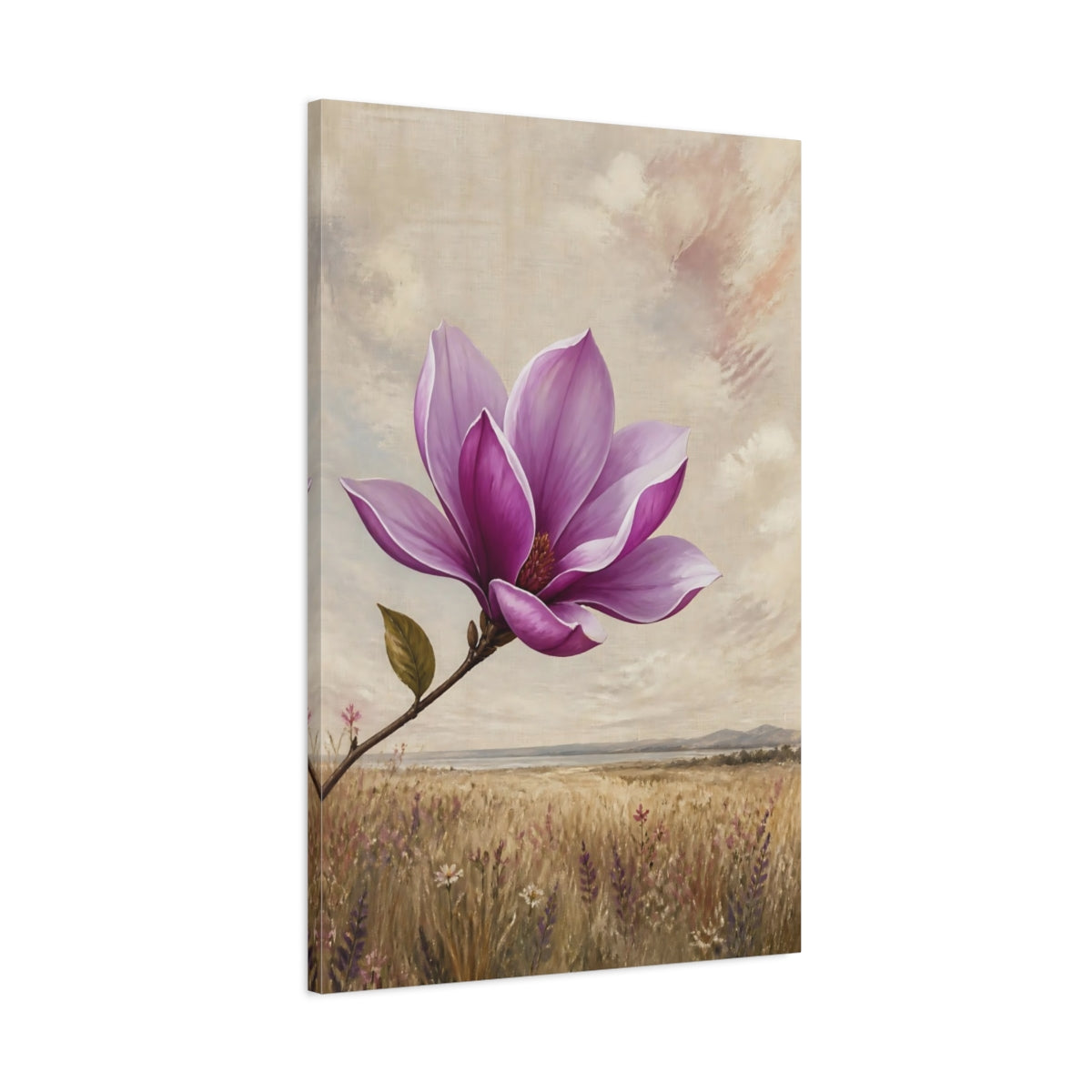 Main Mockup. Floral Magnolia Purple Magnolia shown as stretched canvas wall art