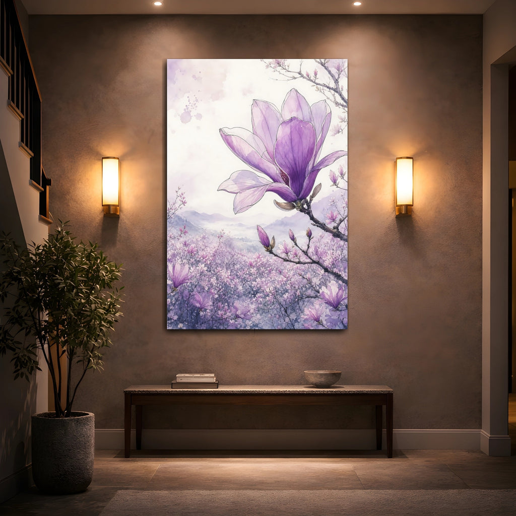 Mockup 2. Floral Magnolia Purple Magnolia shown as stretched canvas wall art