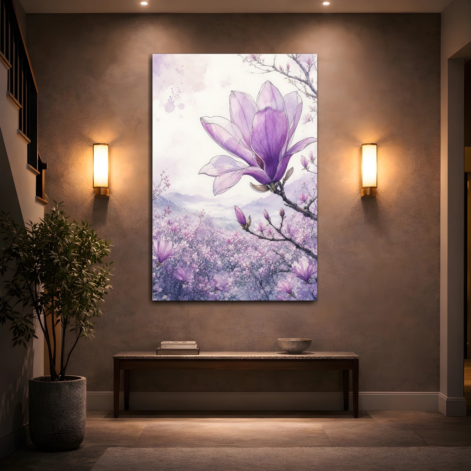 Mockup 2. Floral Magnolia Purple Magnolia shown as stretched canvas wall art