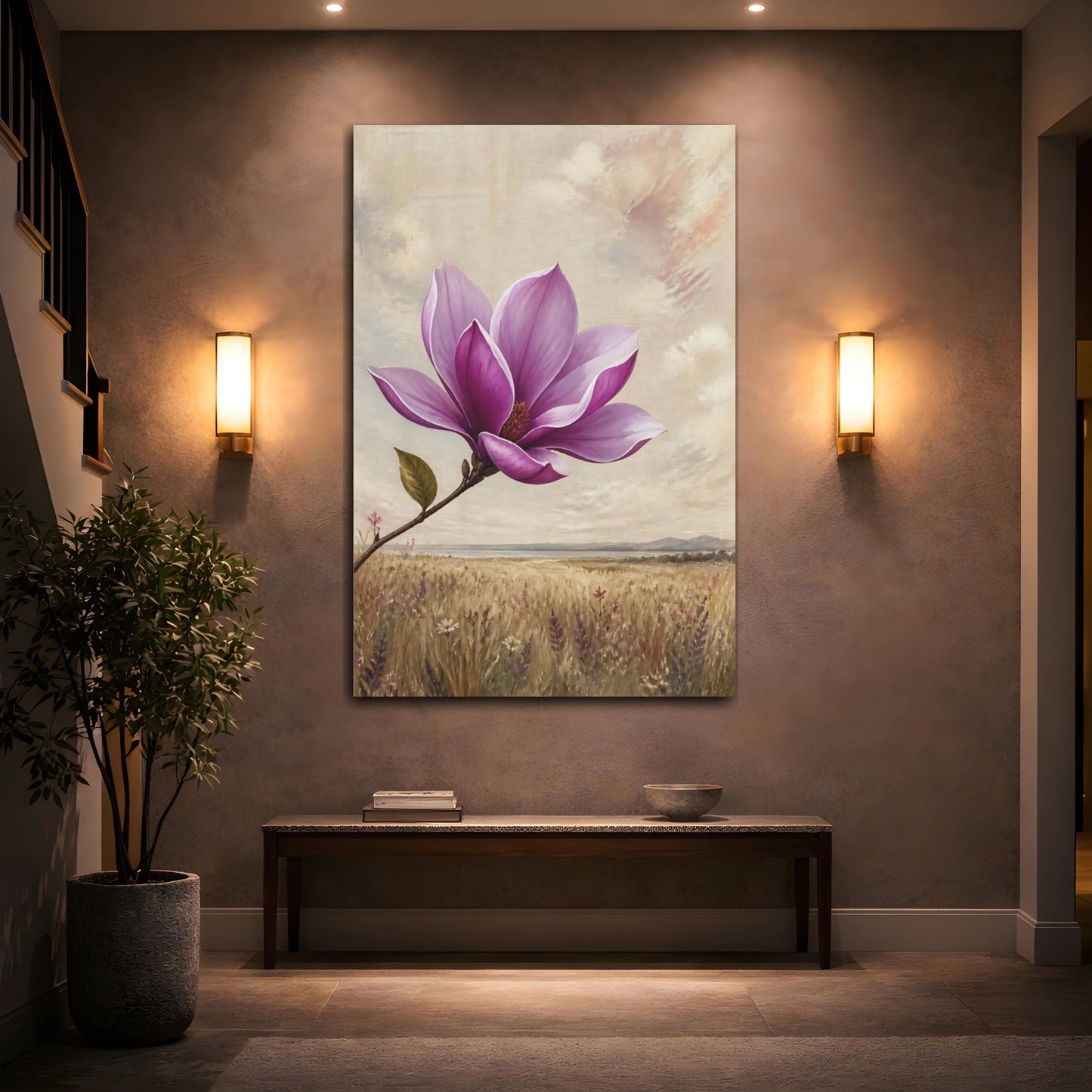Mockup 2. Floral Magnolia Purple Magnolia shown as stretched canvas wall art