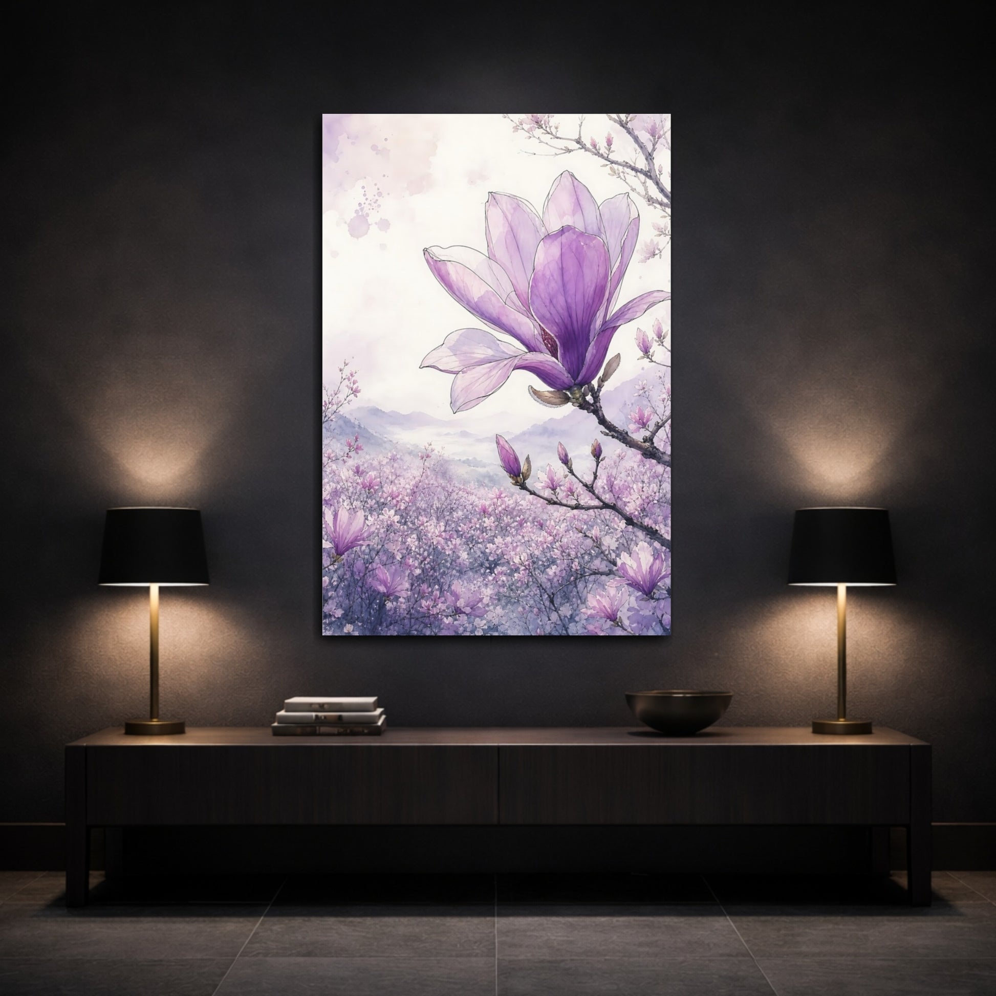 Mockup 3. Floral Magnolia Purple Magnolia shown as stretched canvas wall art