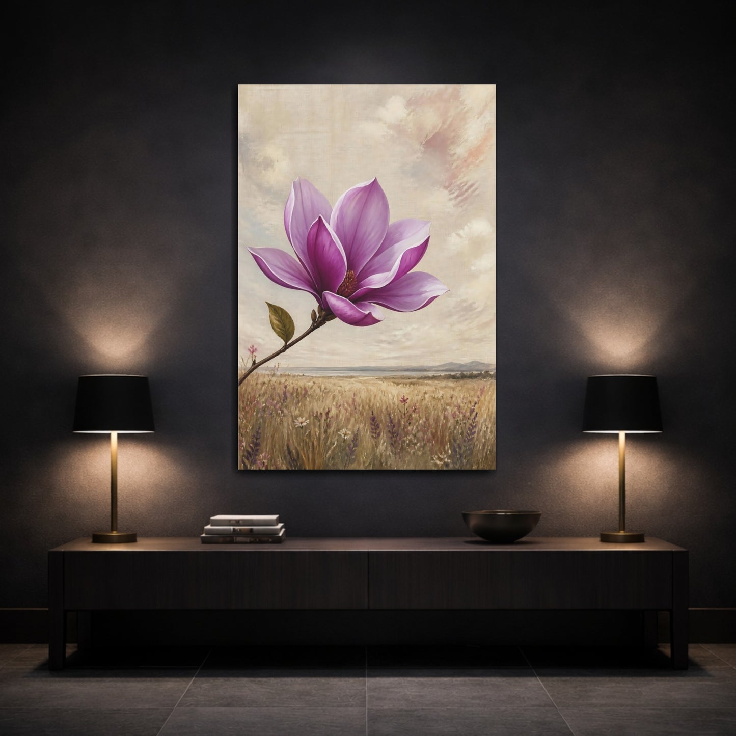 Mockup 3. Floral Magnolia Purple Magnolia shown as stretched canvas wall art