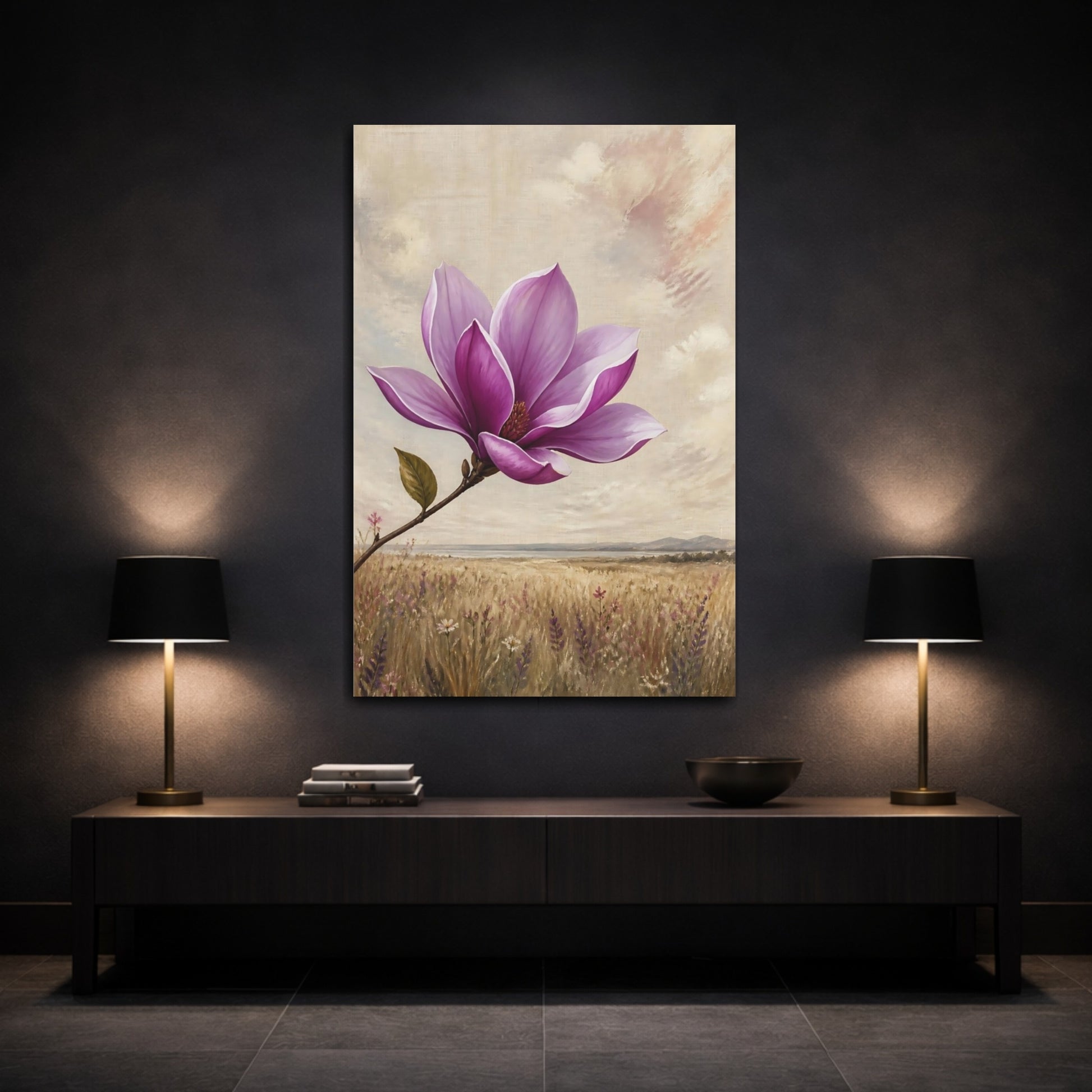 Mockup 3. Floral Magnolia Purple Magnolia shown as stretched canvas wall art