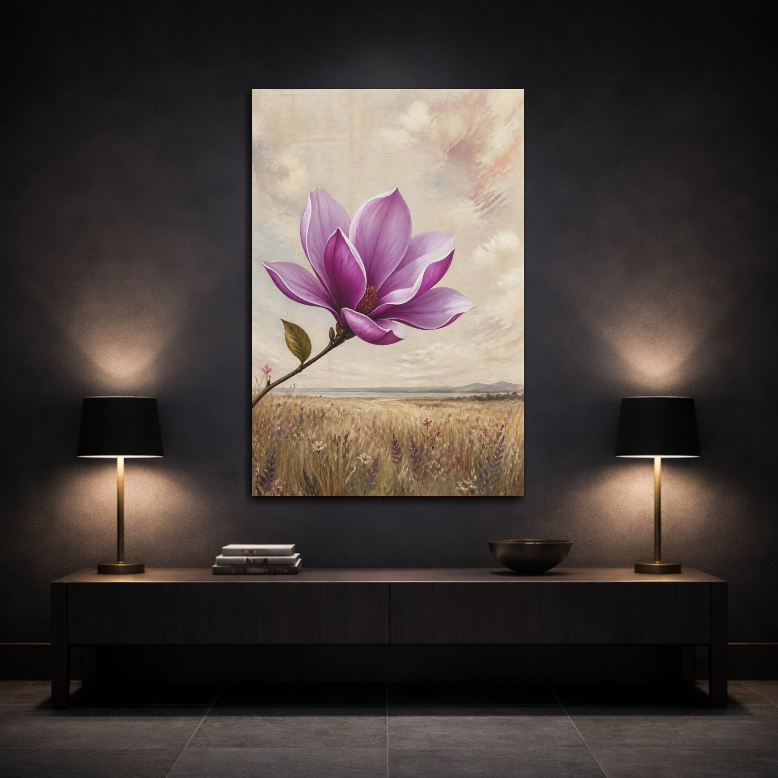 Mockup 3. Floral Magnolia Purple Magnolia shown as stretched canvas wall art