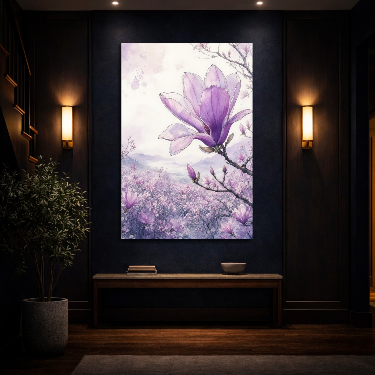 Mockup 4. Floral Magnolia Purple Magnolia shown as stretched canvas wall art