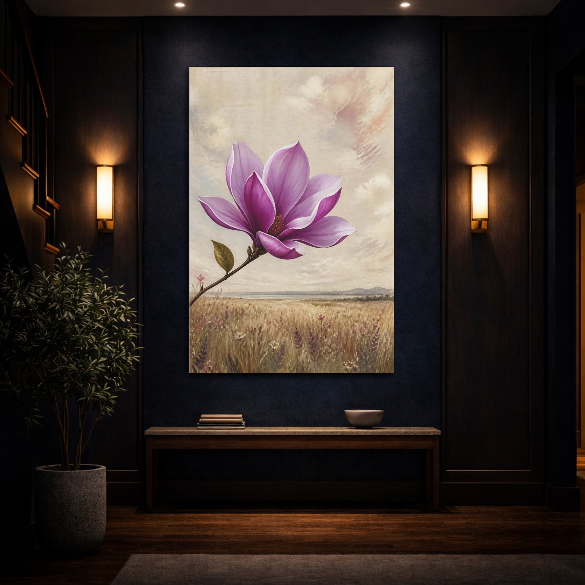 Mockup 4. Floral Magnolia Purple Magnolia shown as stretched canvas wall art