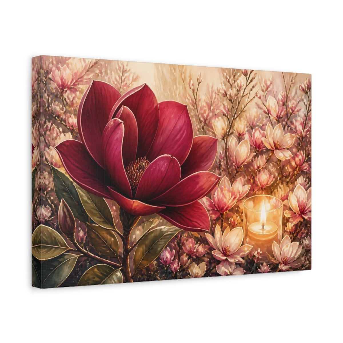 Side Mockup 4. Floral Magnolia Red Pink Floral shown as stretched canvas wall art