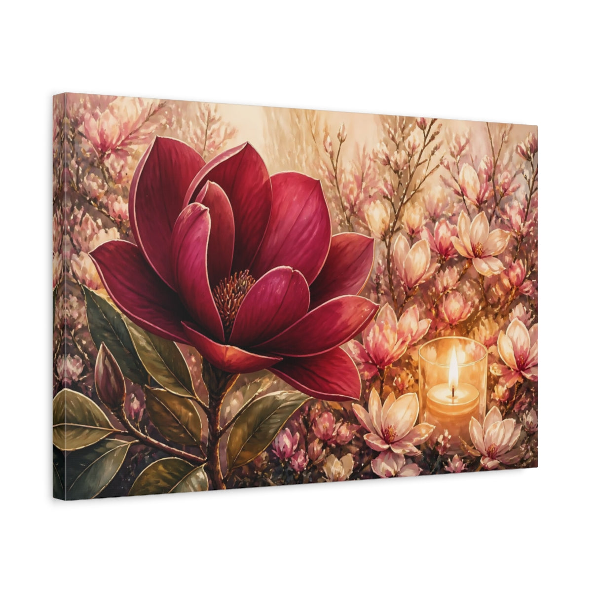 Side Mockup 3. Floral Magnolia Red Pink Floral shown as stretched canvas wall art