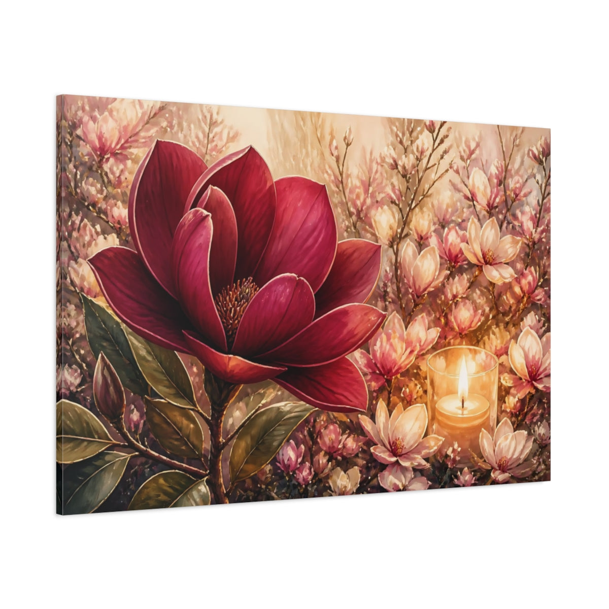 Side Mockup 1. Floral Magnolia Red Pink Floral shown as stretched canvas wall art