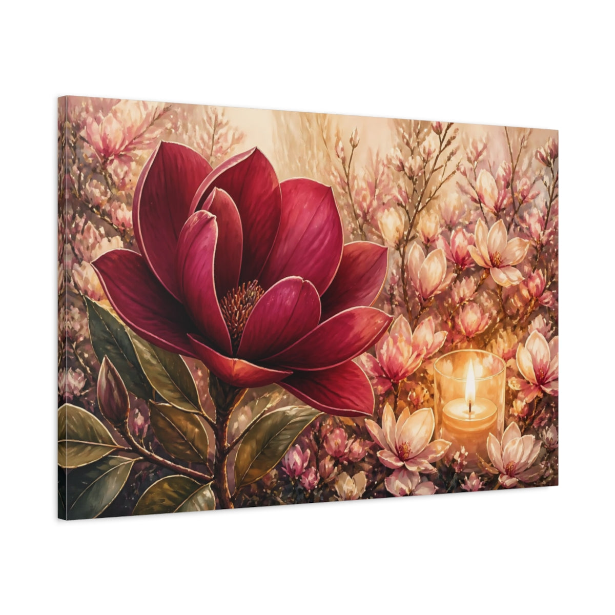 Main Mockup. Floral Magnolia Red Pink Floral shown as stretched canvas wall art