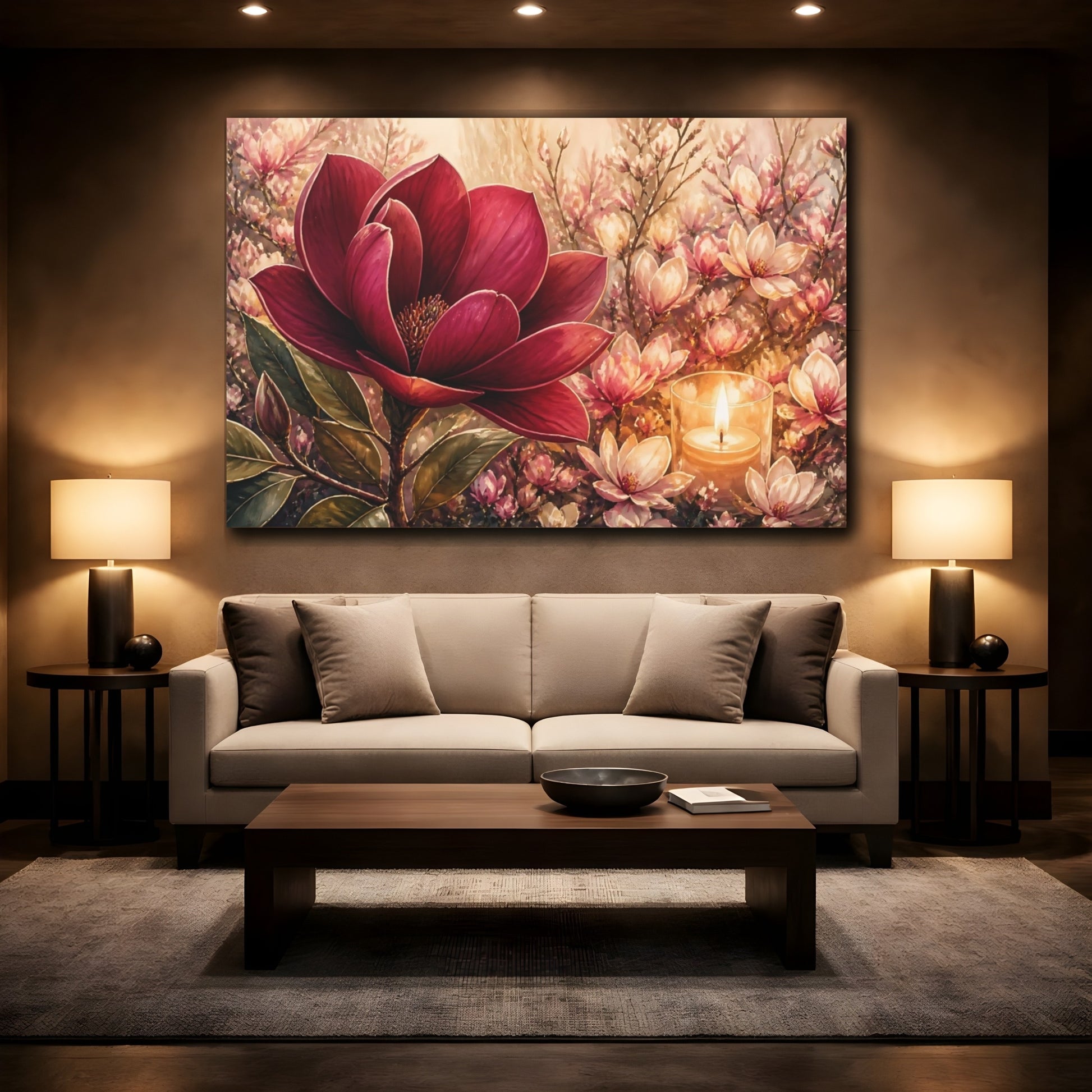 Mockup 2. Floral Magnolia Red Pink Floral shown as stretched canvas wall art