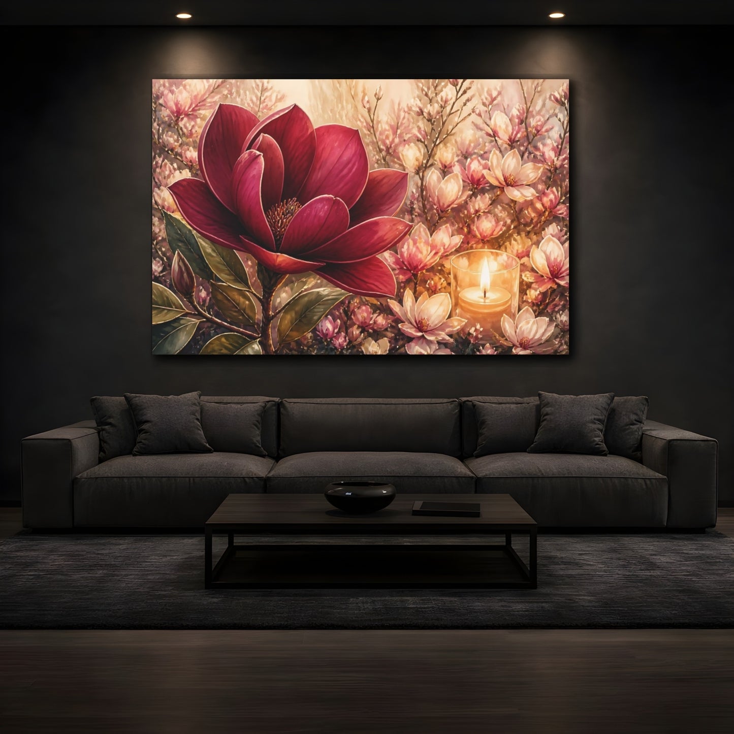 Mockup 3. Floral Magnolia Red Pink Floral shown as stretched canvas wall art