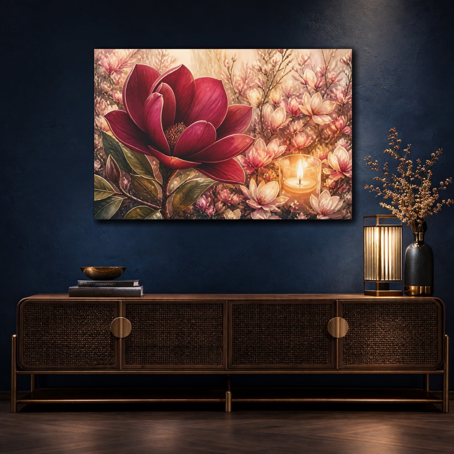 Mockup 4. Floral Magnolia Red Pink Floral shown as stretched canvas wall art