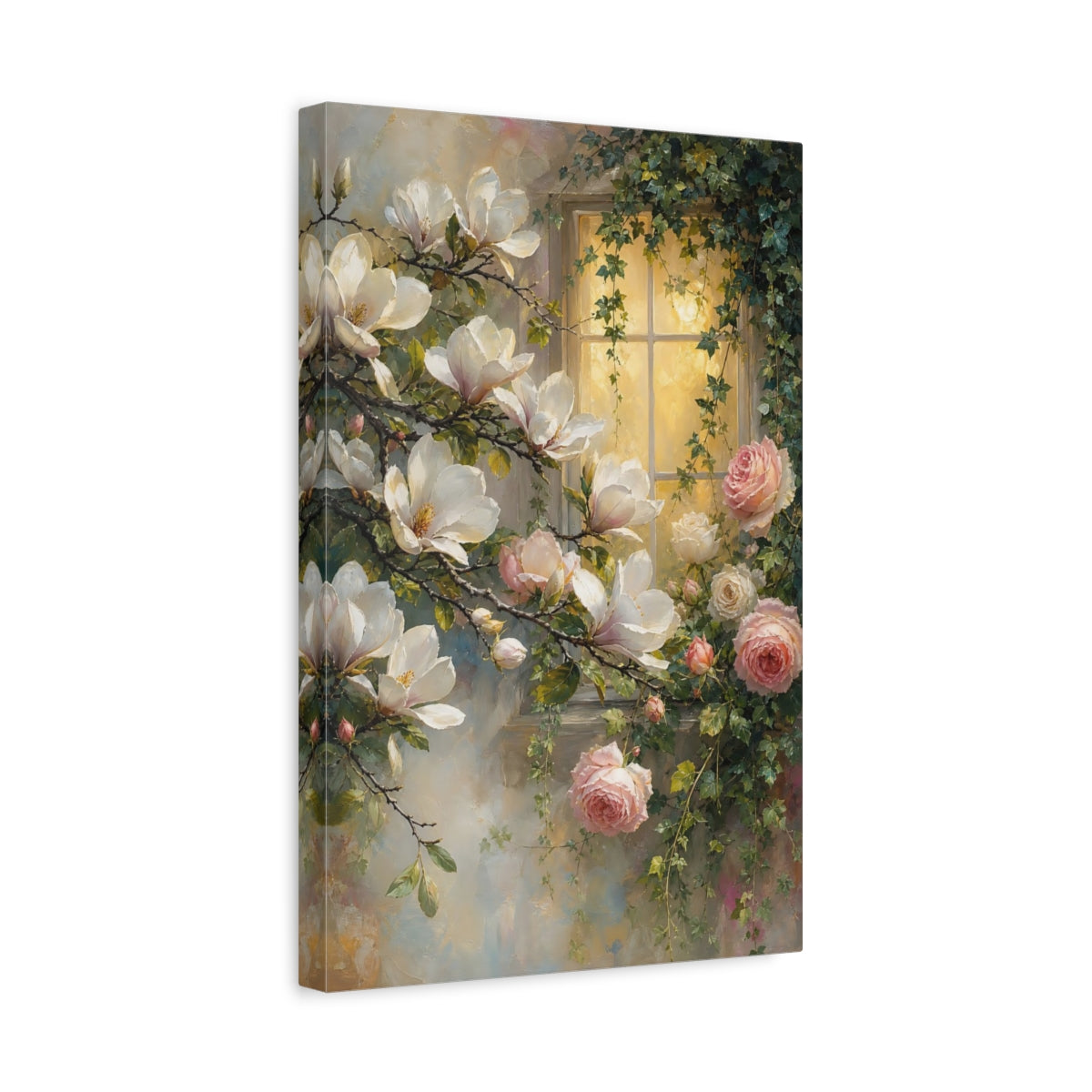 Side Mockup 4. Floral Magnolia Roses Pink And White Floral shown as stretched canvas wall art