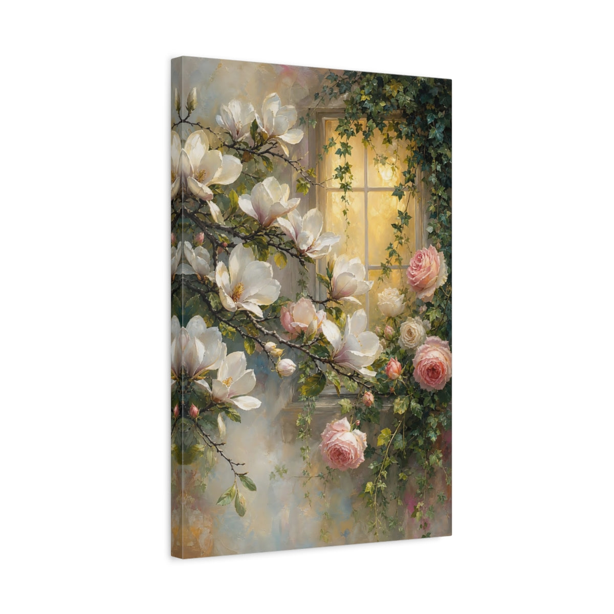 Side Mockup 3. Floral Magnolia Roses Pink And White Floral shown as stretched canvas wall art