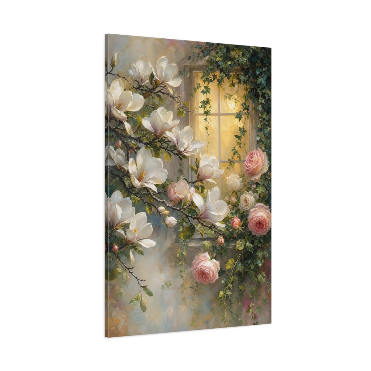 Side Mockup 1. Floral Magnolia Roses Pink And White Floral shown as stretched canvas wall art