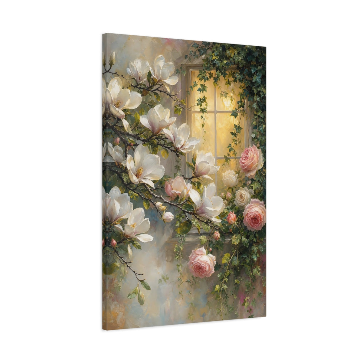Main Mockup. Floral Magnolia Roses Pink And White Floral shown as stretched canvas wall art
