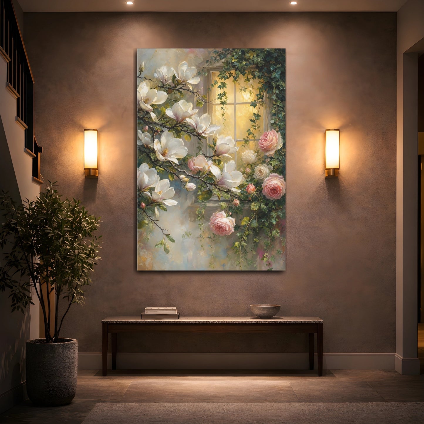 Mockup 2. Floral Magnolia Roses Pink And White Floral shown as stretched canvas wall art