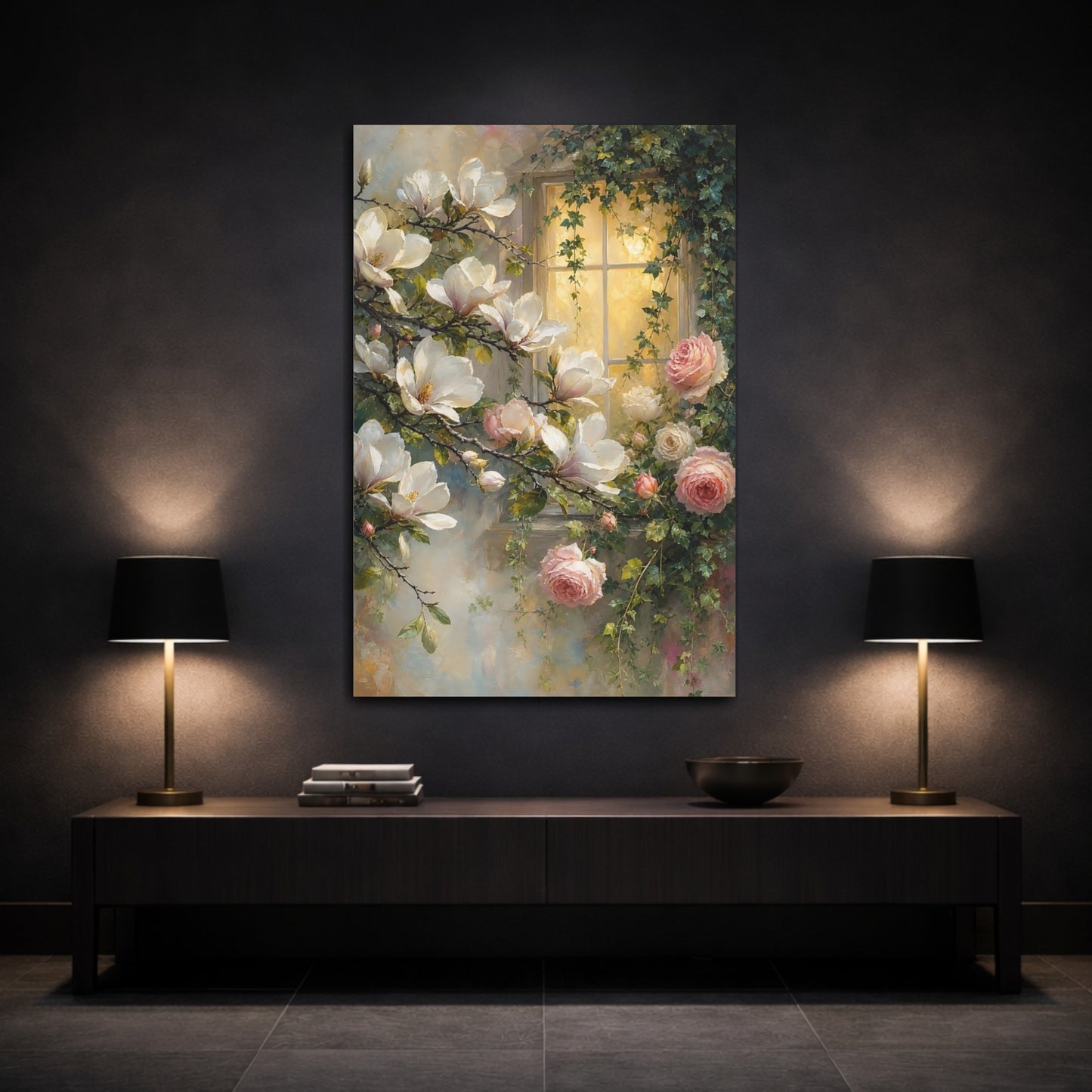 Mockup 3. Floral Magnolia Roses Pink And White Floral shown as stretched canvas wall art