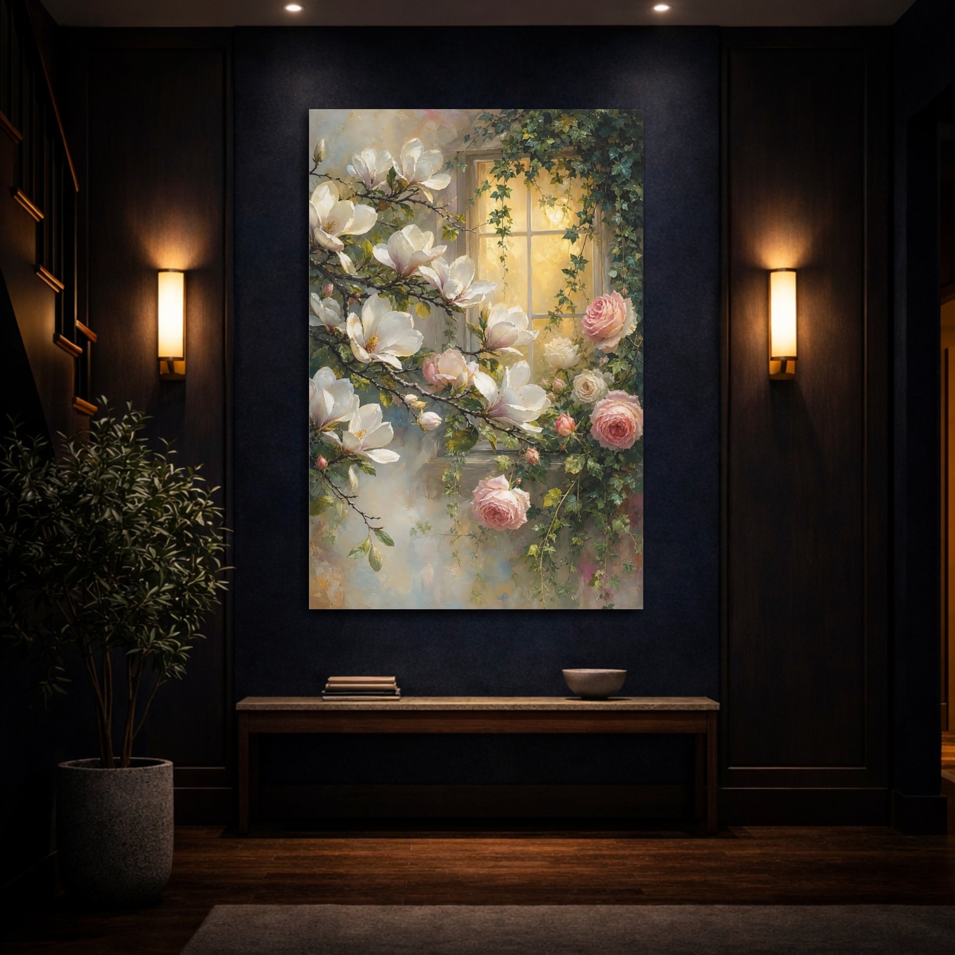 Mockup 4. Floral Magnolia Roses Pink And White Floral shown as stretched canvas wall art