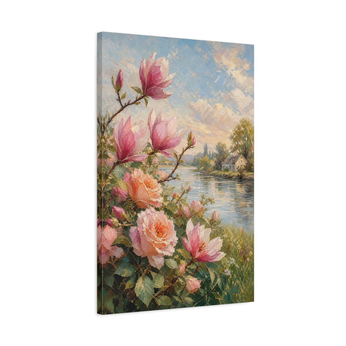 Side Mockup 2. Floral Magnolia, Roses Pink Floral shown as stretched canvas wall art