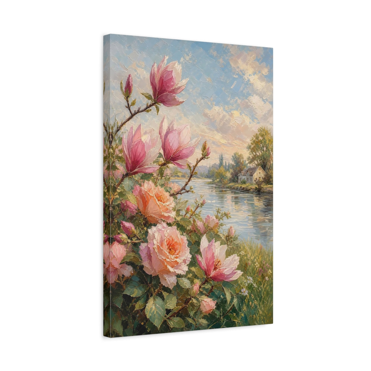 Side Mockup 3. Floral Magnolia, Roses Pink Floral shown as stretched canvas wall art
