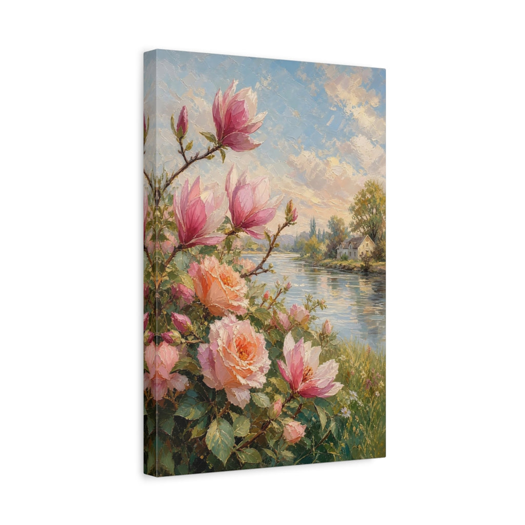 Side Mockup 4. Floral Magnolia, Roses Pink Floral shown as stretched canvas wall art