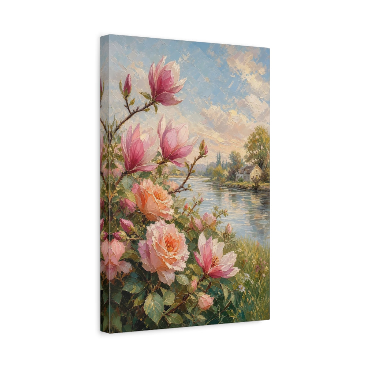 Side Mockup 4. Floral Magnolia, Roses Pink Floral shown as stretched canvas wall art
