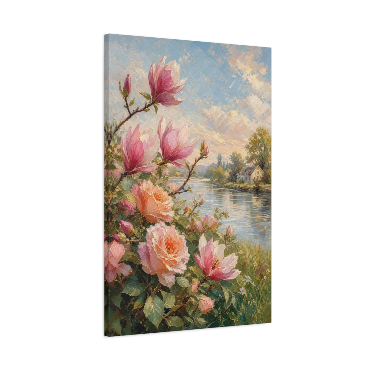 Main Mockup. Floral Magnolia, Roses Pink Floral shown as stretched canvas wall art
