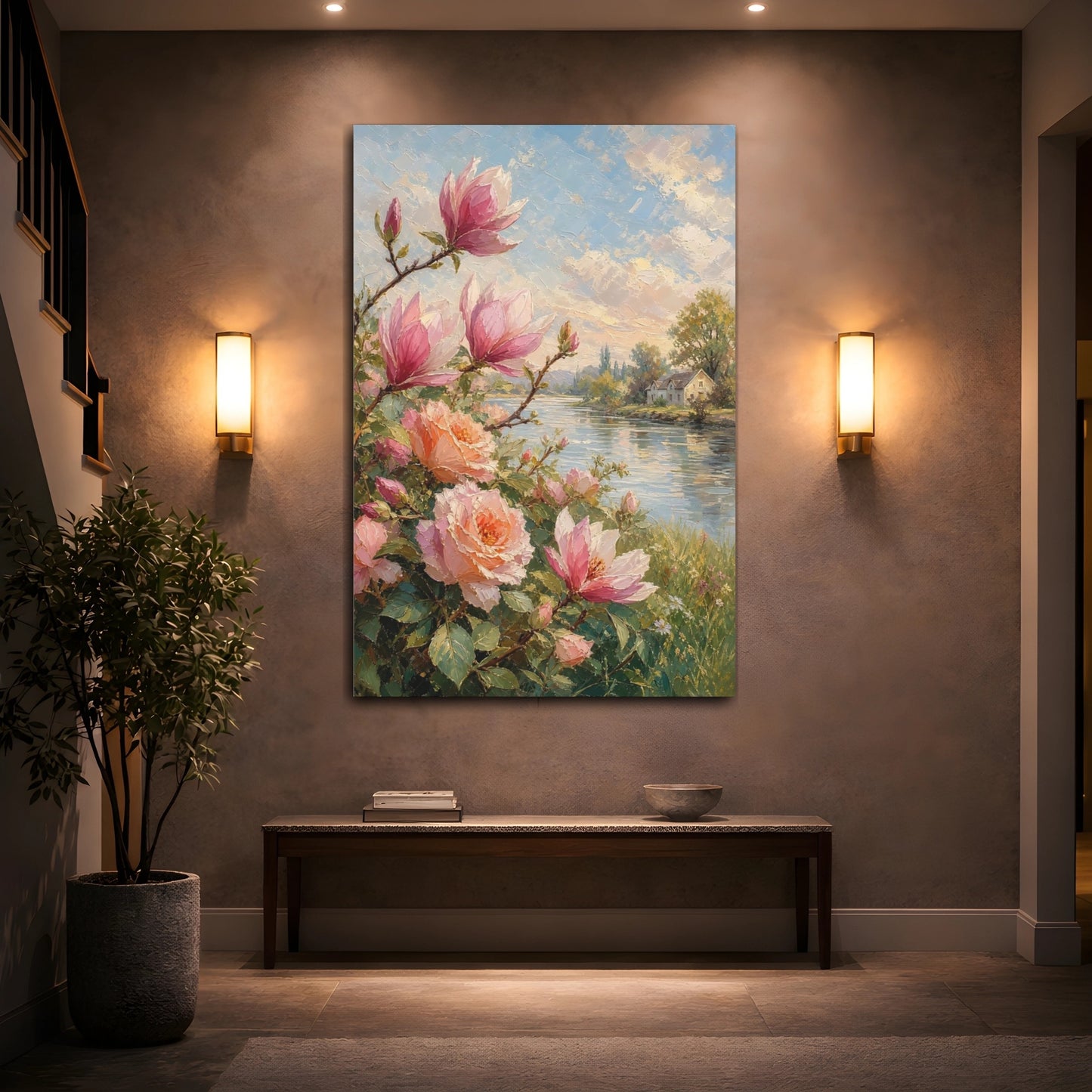Mockup 2. Floral Magnolia, Roses Pink Floral shown as stretched canvas wall art