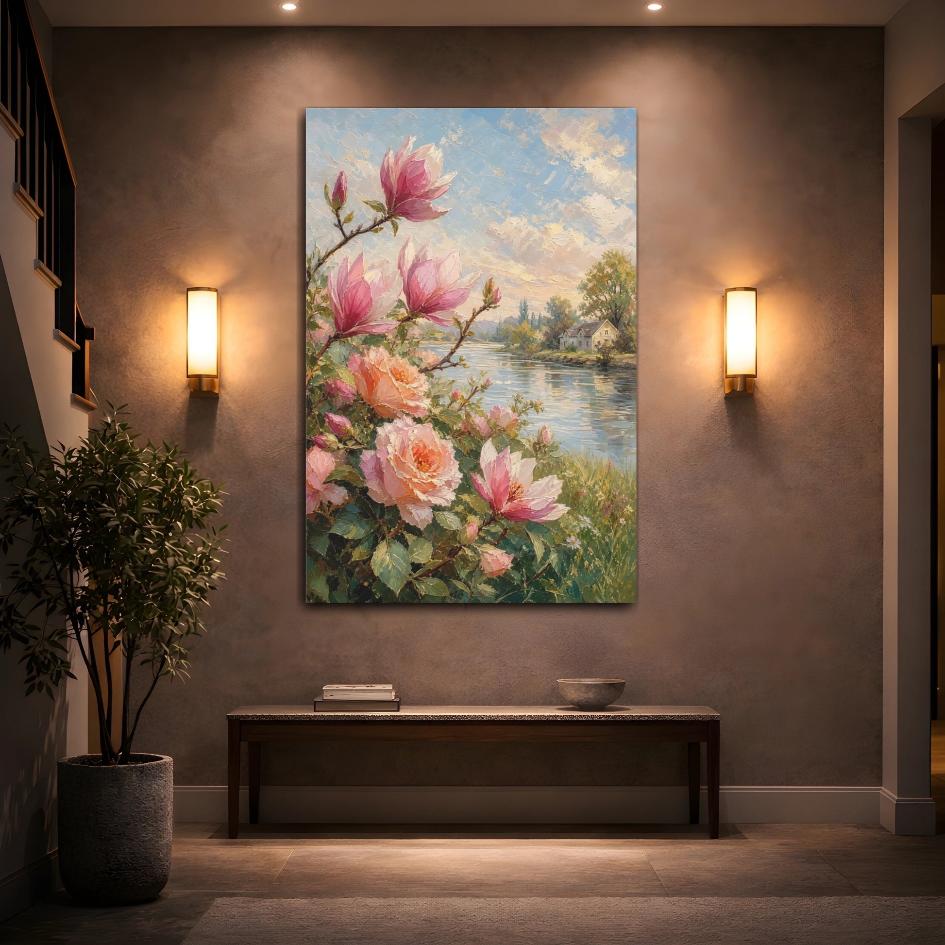 Mockup 2. Floral Magnolia, Roses Pink Floral shown as stretched canvas wall art