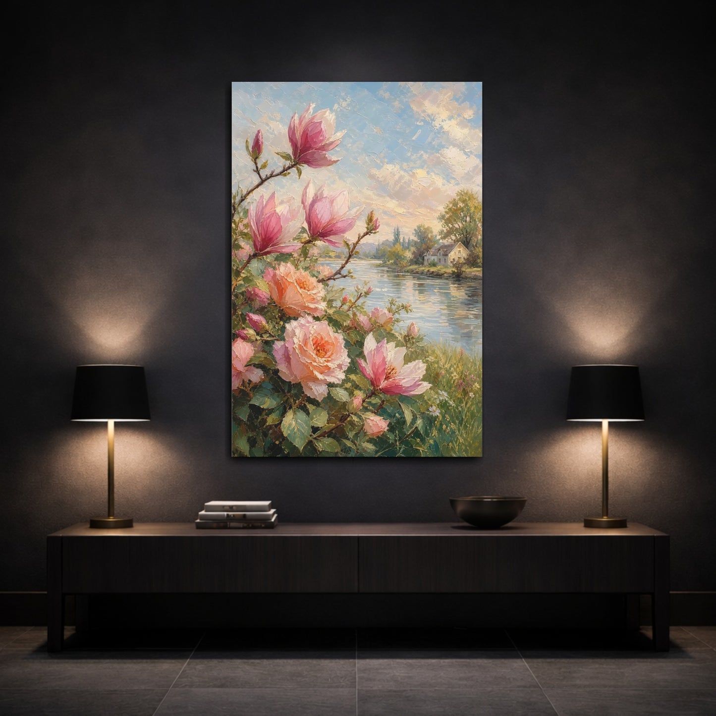 Mockup 3. Floral Magnolia, Roses Pink Floral shown as stretched canvas wall art
