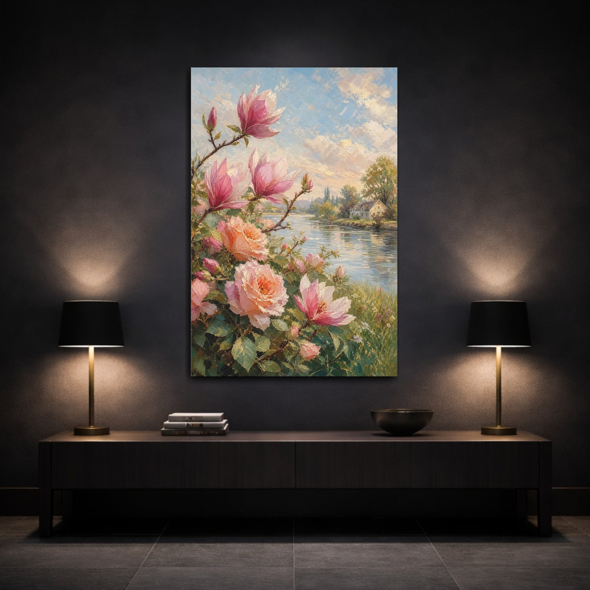 Mockup 3. Floral Magnolia, Roses Pink Floral shown as stretched canvas wall art