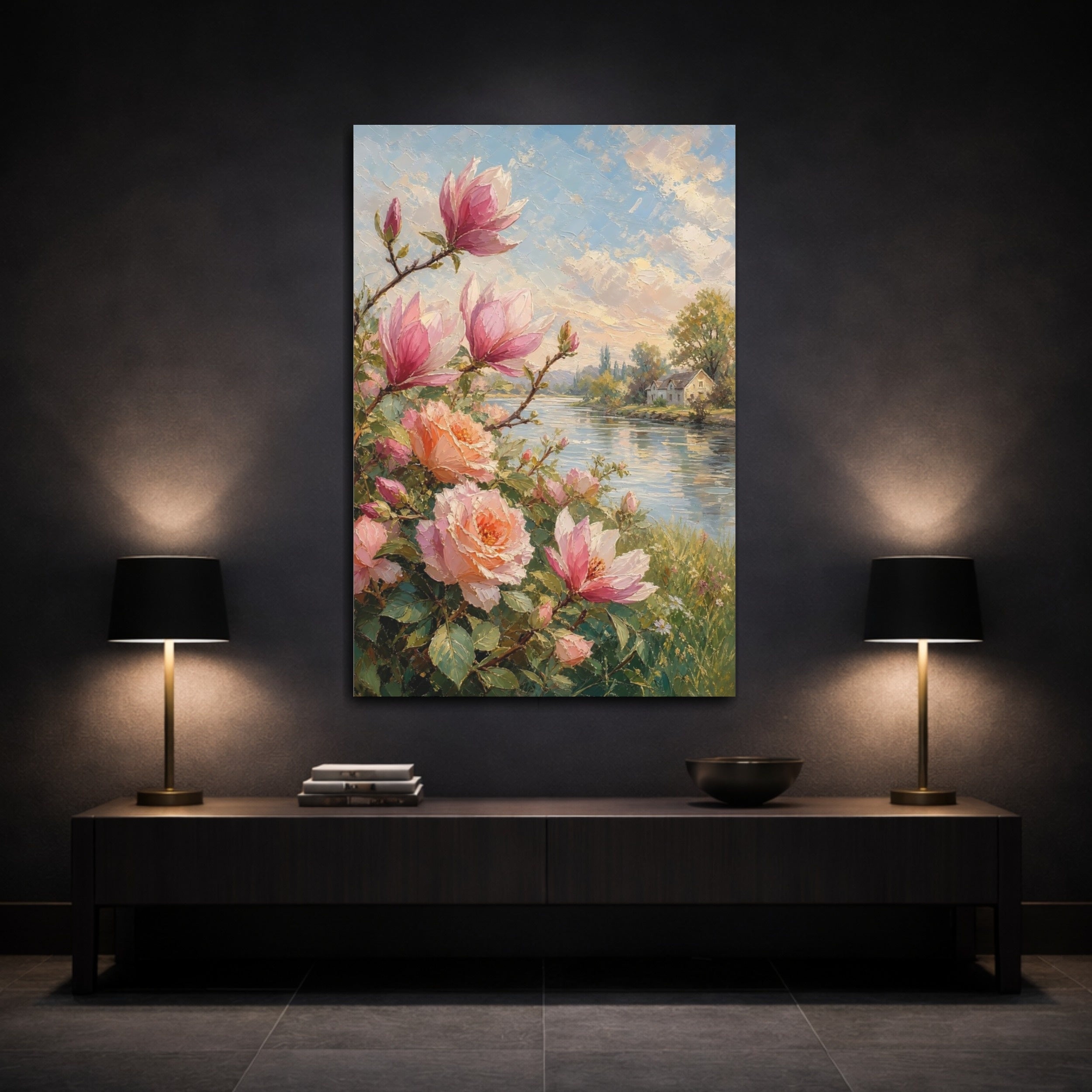 Mockup 3. Floral Magnolia, Roses Pink Floral shown as stretched canvas wall art