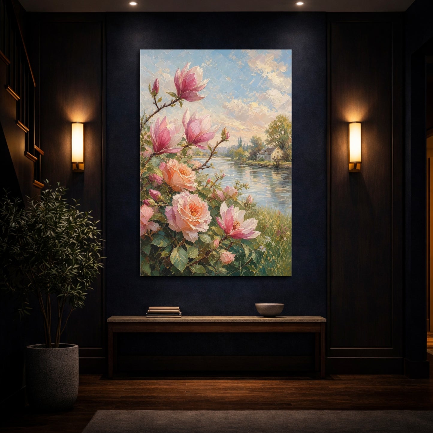 Mockup 4. Floral Magnolia, Roses Pink Floral shown as stretched canvas wall art