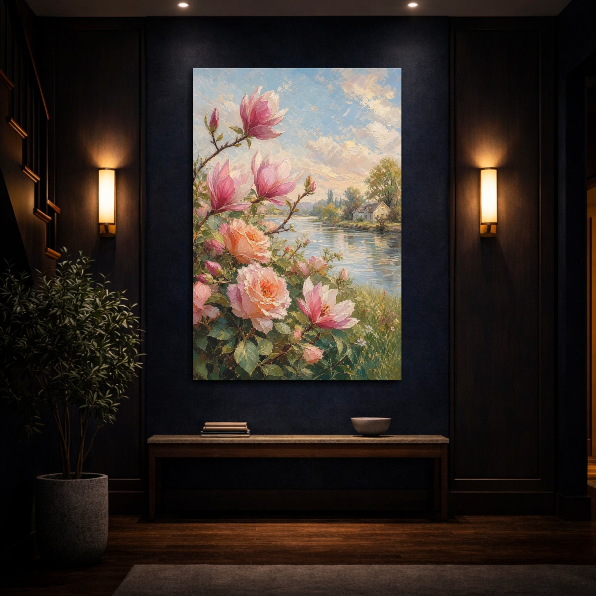 Mockup 4. Floral Magnolia, Roses Pink Floral shown as stretched canvas wall art