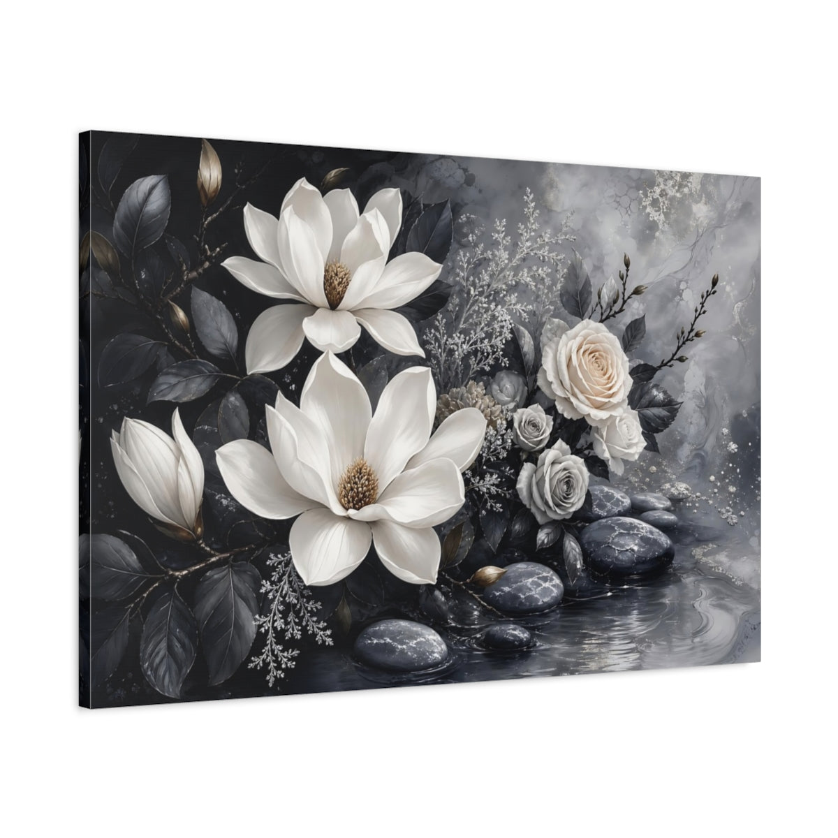 Main Mockup. Floral Magnolias And Roses Gray And White Floral shown as stretched canvas wall art
