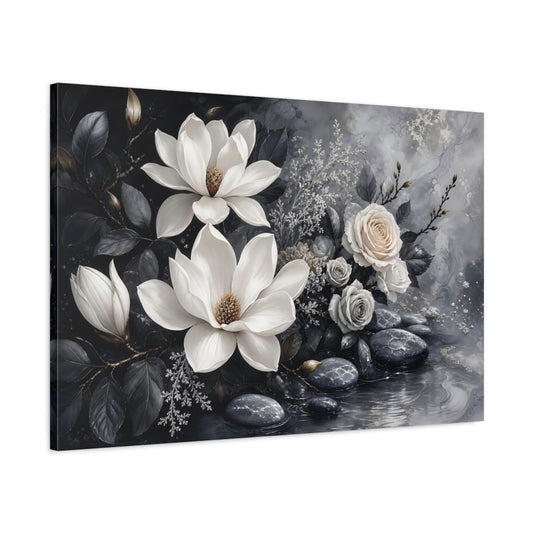 Main Mockup. Floral Magnolias And Roses Gray And White Floral shown as stretched canvas wall art