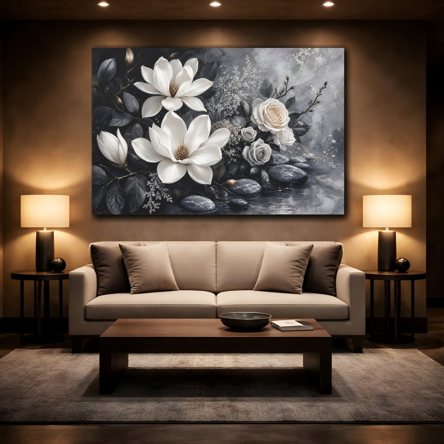 Mockup 2. Floral Magnolias And Roses Gray And White Floral shown as stretched canvas wall art