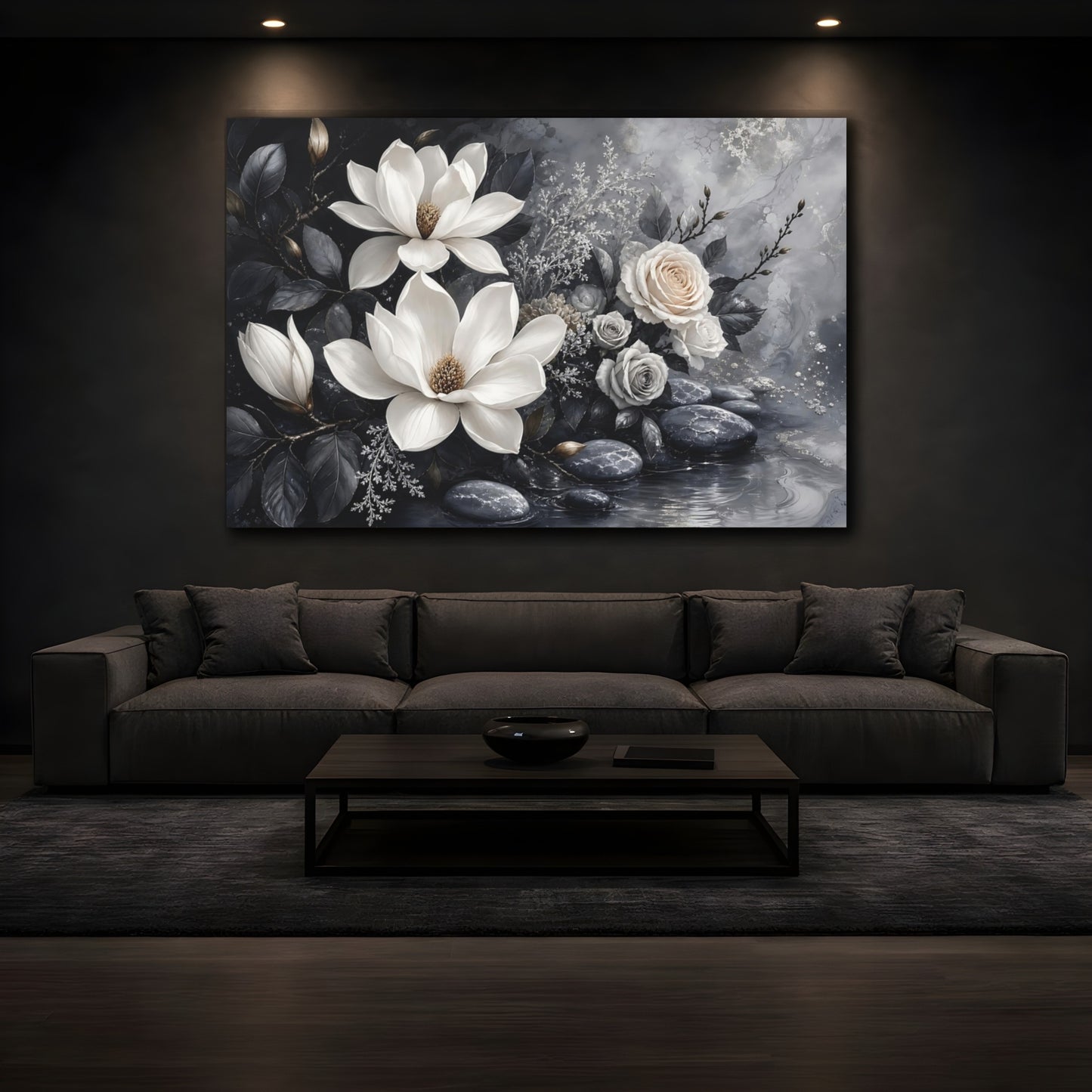 Mockup 3. Floral Magnolias And Roses Gray And White Floral shown as stretched canvas wall art