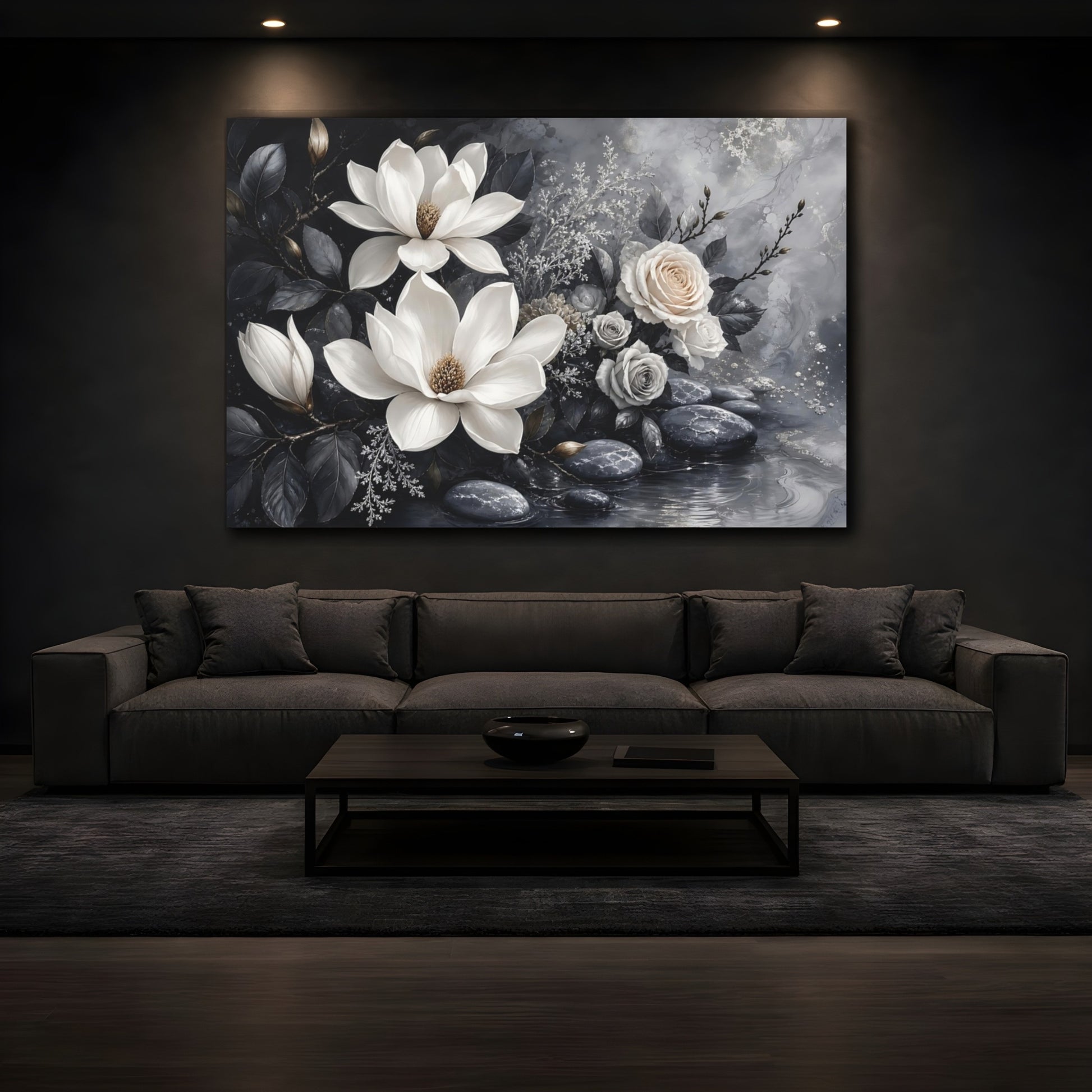 Mockup 3. Floral Magnolias And Roses Gray And White Floral shown as stretched canvas wall art