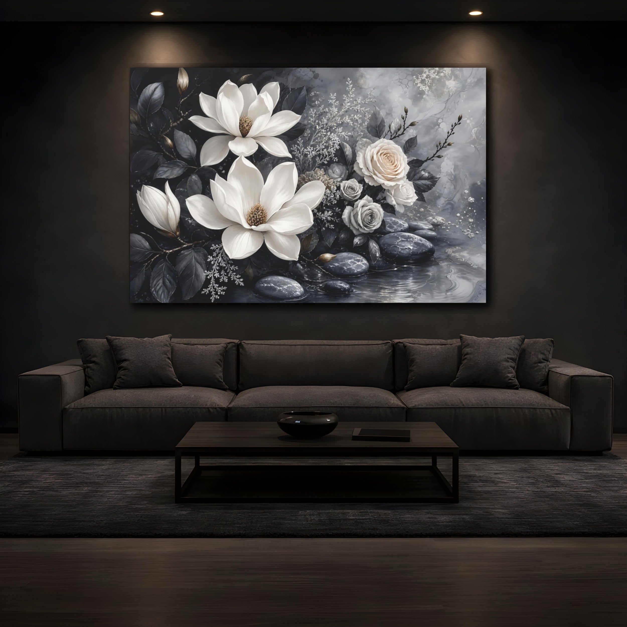 Mockup 3. Floral Magnolias And Roses Gray And White Floral shown as stretched canvas wall art