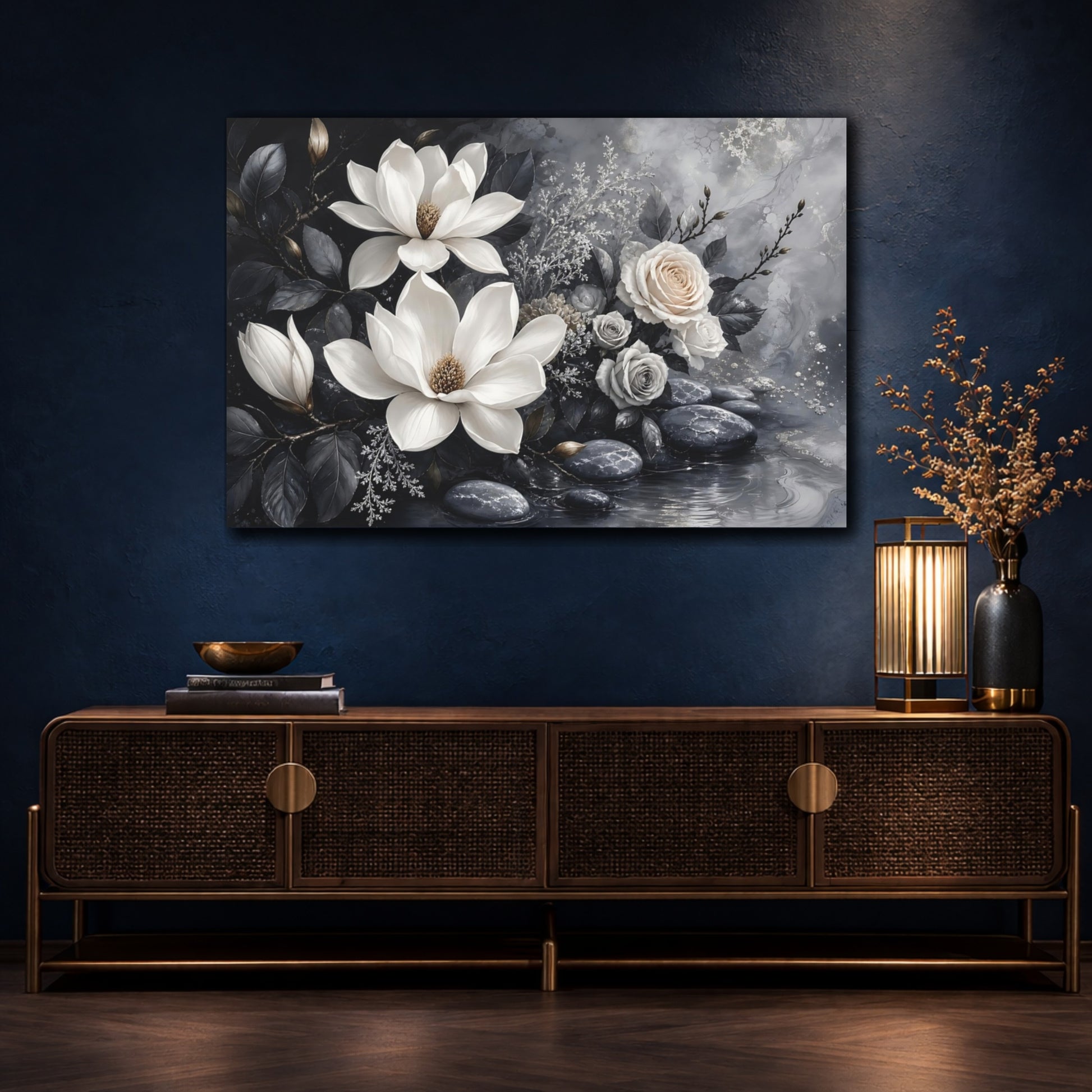 Mockup 4. Floral Magnolias And Roses Gray And White Floral shown as stretched canvas wall art