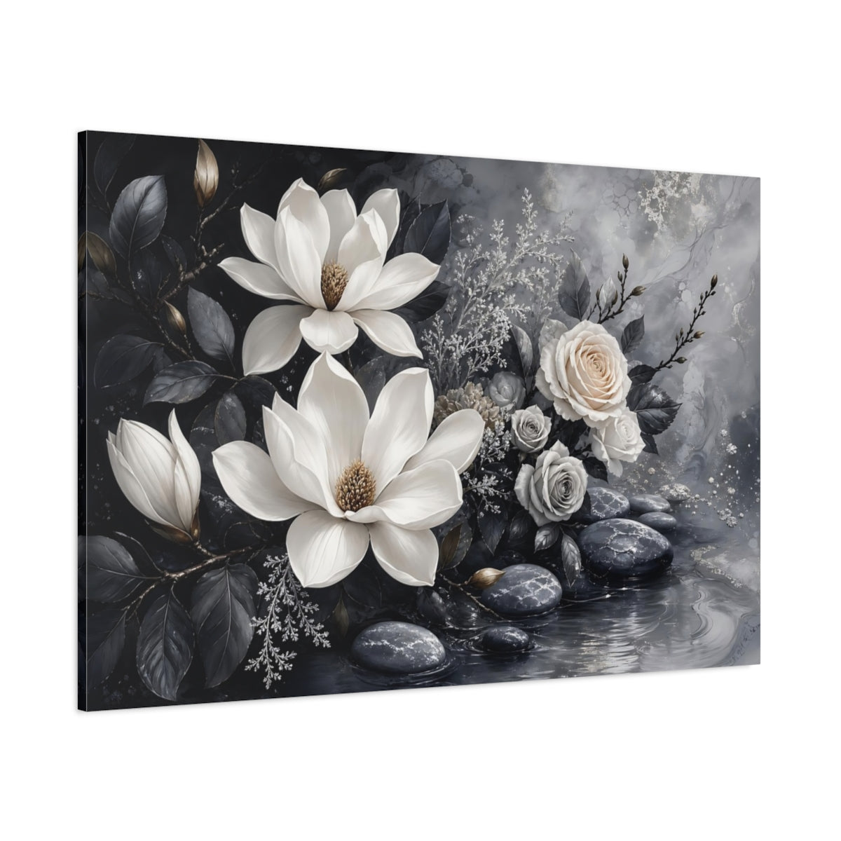 Side Mockup 1. Floral Magnolias And Roses Gray And White Floral shown as stretched canvas wall art
