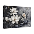Side Mockup 4. Floral Magnolias And Roses Gray And White Floral shown as stretched canvas wall art
