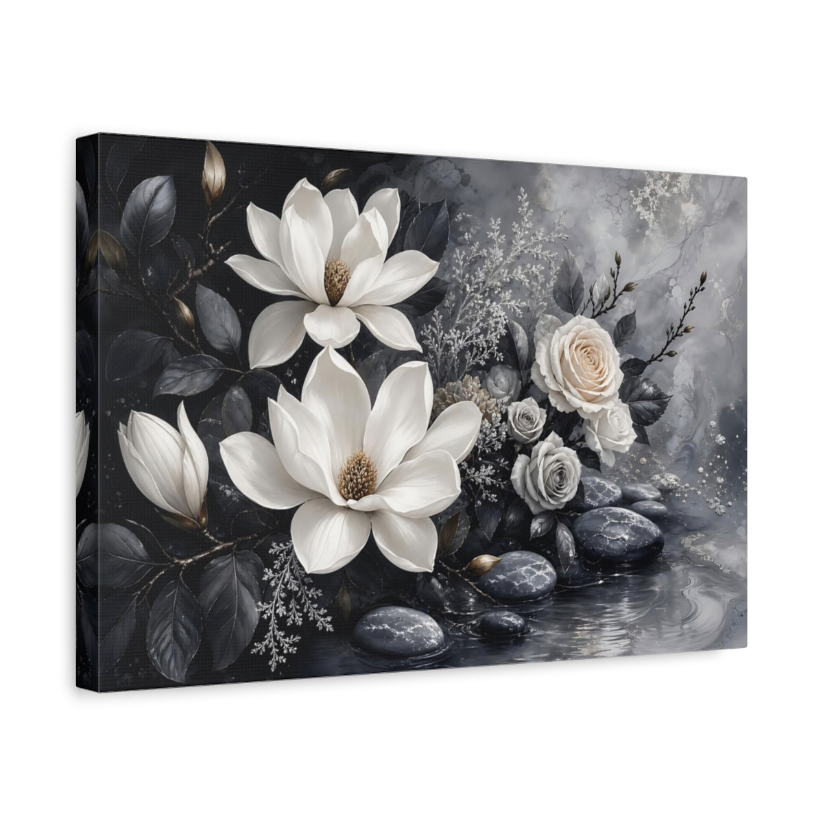 Side Mockup 4. Floral Magnolias And Roses Gray And White Floral shown as stretched canvas wall art