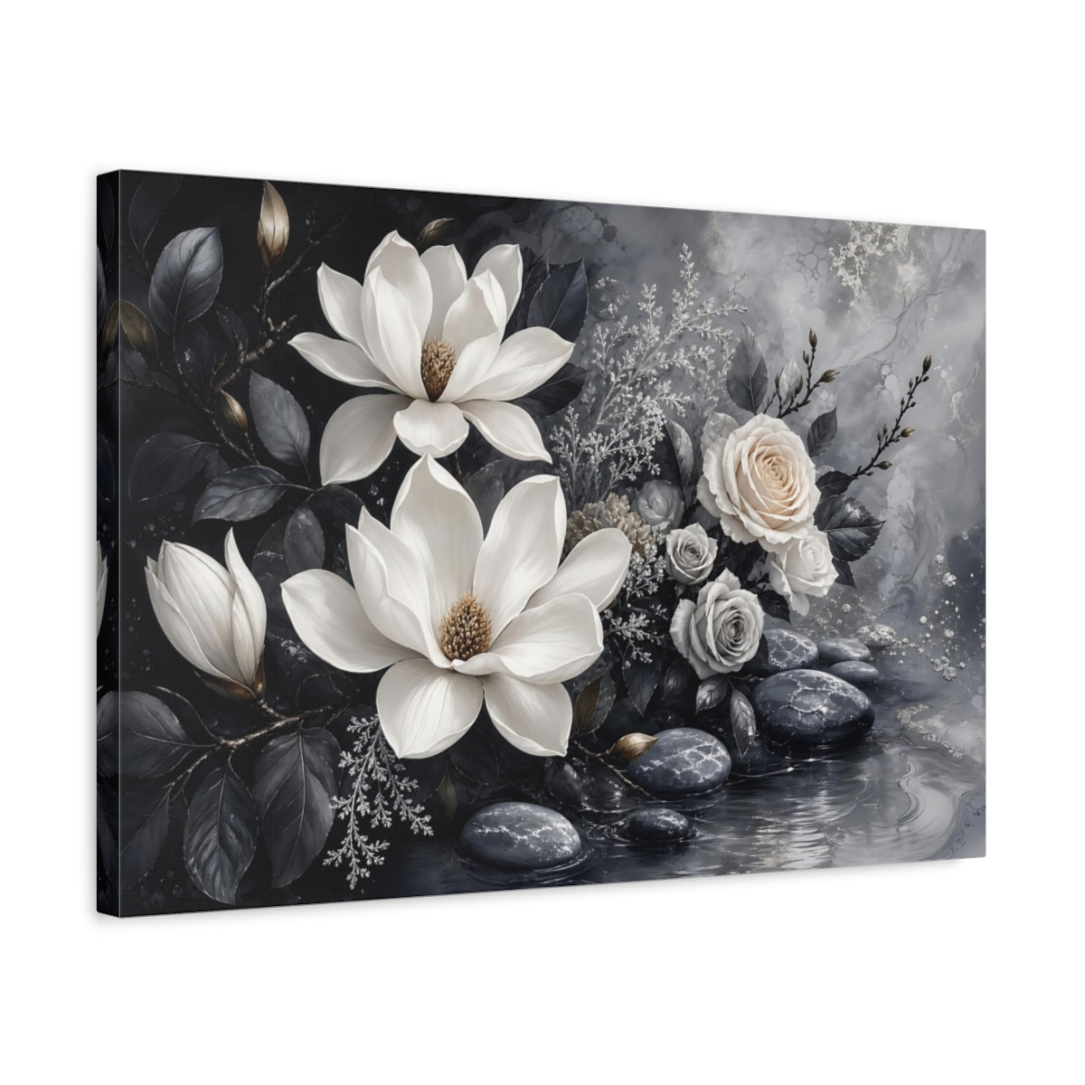 Side Mockup 3. Floral Magnolias And Roses Gray And White Floral shown as stretched canvas wall art