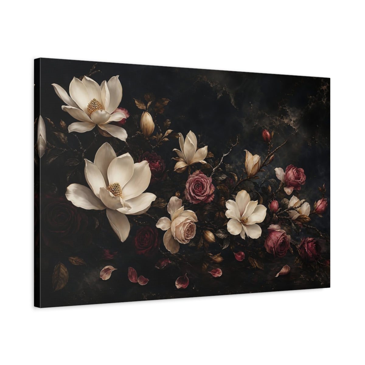 Side Mockup 2. Floral Magnolias Roses Dark Floral shown as stretched canvas wall art