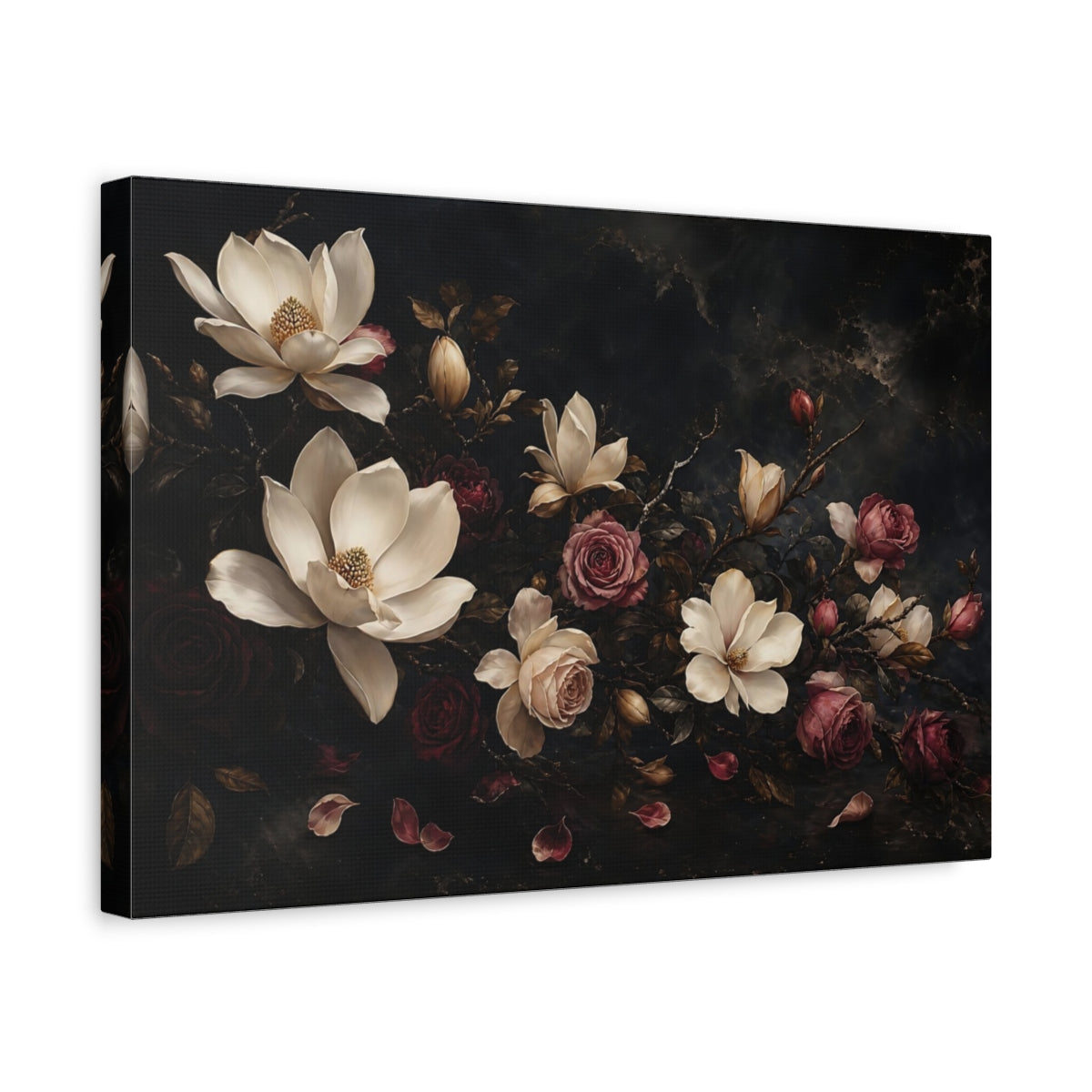 Side Mockup 4. Floral Magnolias Roses Dark Floral shown as stretched canvas wall art