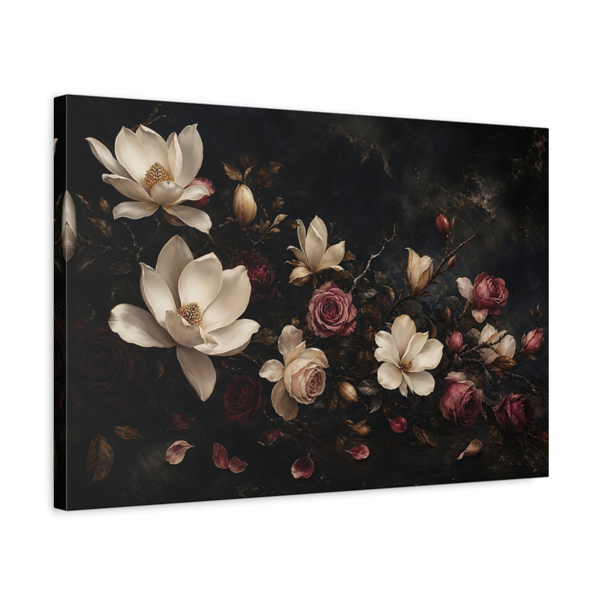 Side Mockup 3. Floral Magnolias Roses Dark Floral shown as stretched canvas wall art